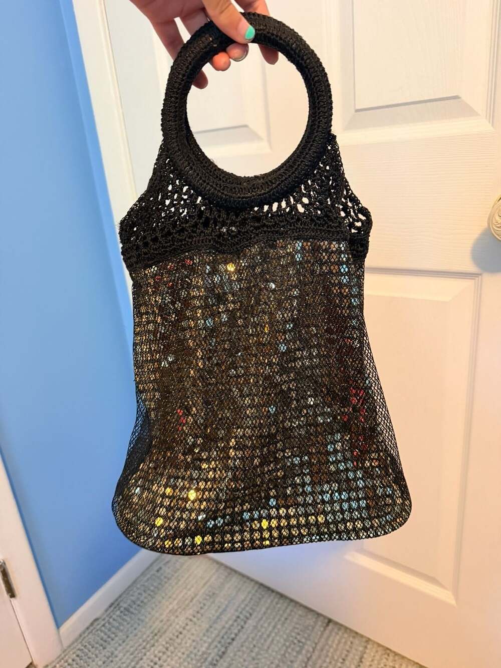 Black Crochet Sequin Hobo Handbag Gold Shimmer